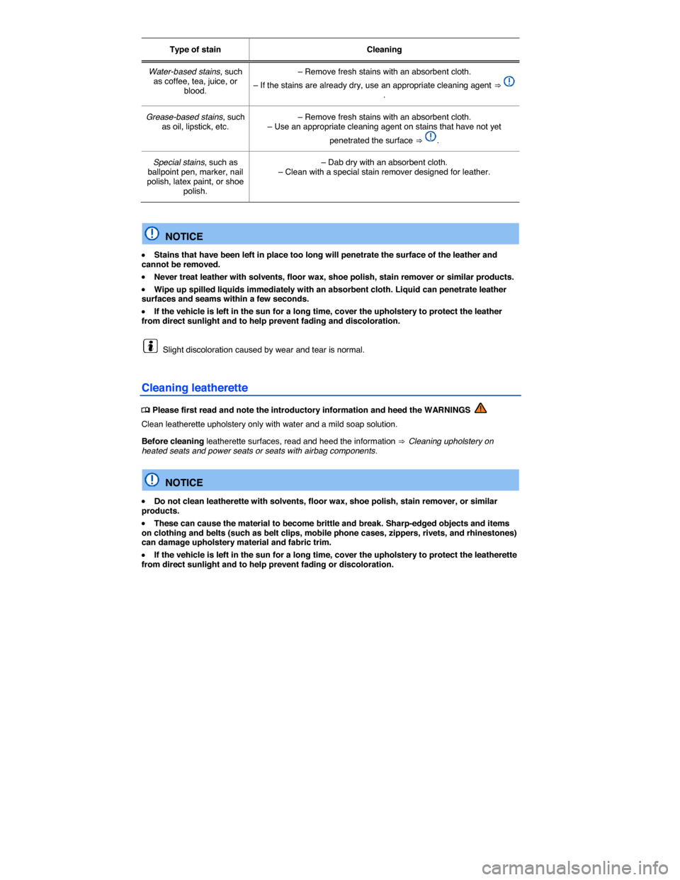 VOLKSWAGEN BEETLE CONVERTIBLE 2015 3.G Owners Manual  
Type of stain  Cleaning  
Water-based stains, such as coffee, tea, juice, or blood.  
– Remove fresh stains with an absorbent cloth. 
– If the stains are already dry, use an appropriate cleaning