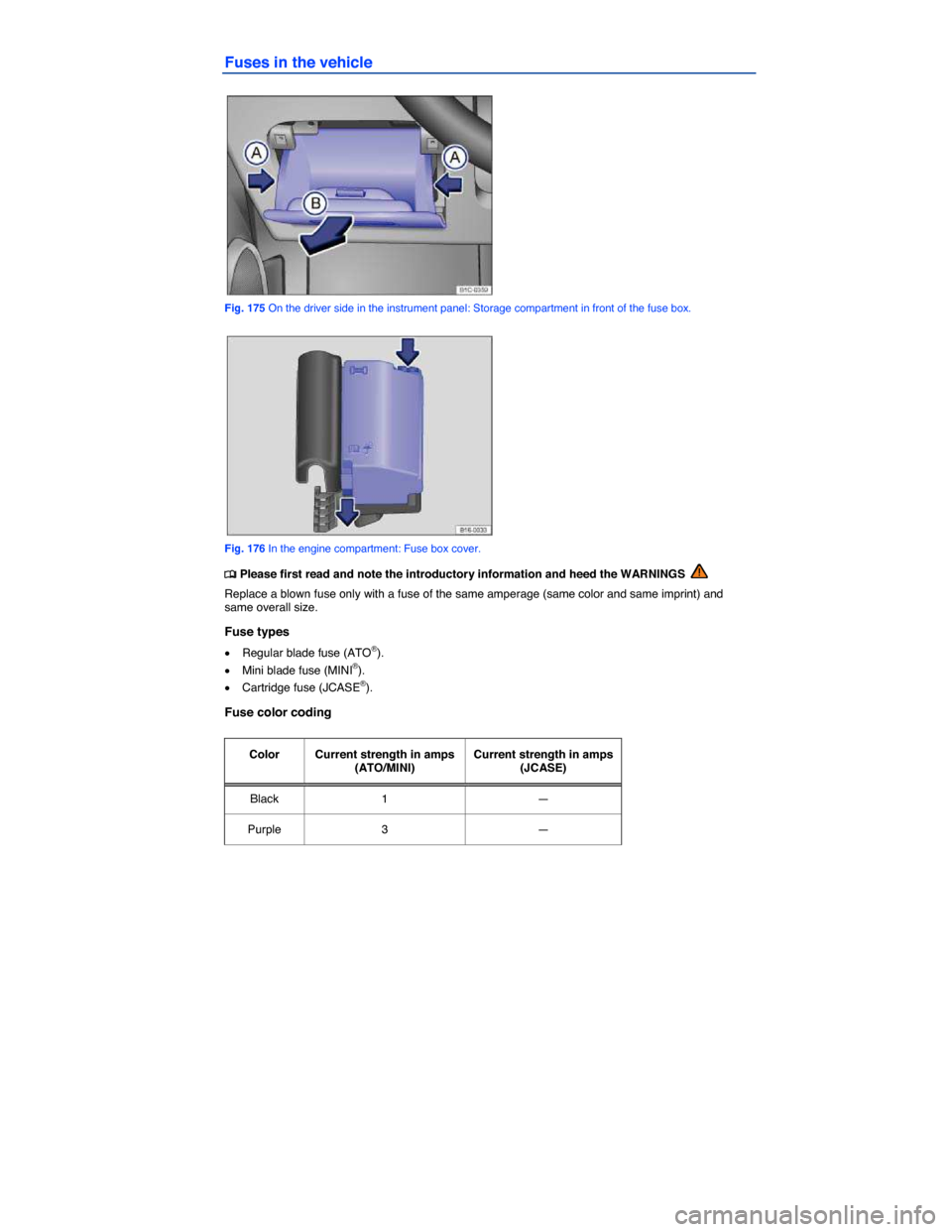 VOLKSWAGEN BEETLE CONVERTIBLE 2015 3.G Owners Manual  
Fuses in the vehicle 
 
Fig. 175 On the driver side in the instrument panel: Storage compartment in front of the fuse box. 
 
Fig. 176 In the engine compartment: Fuse box cover. 
�