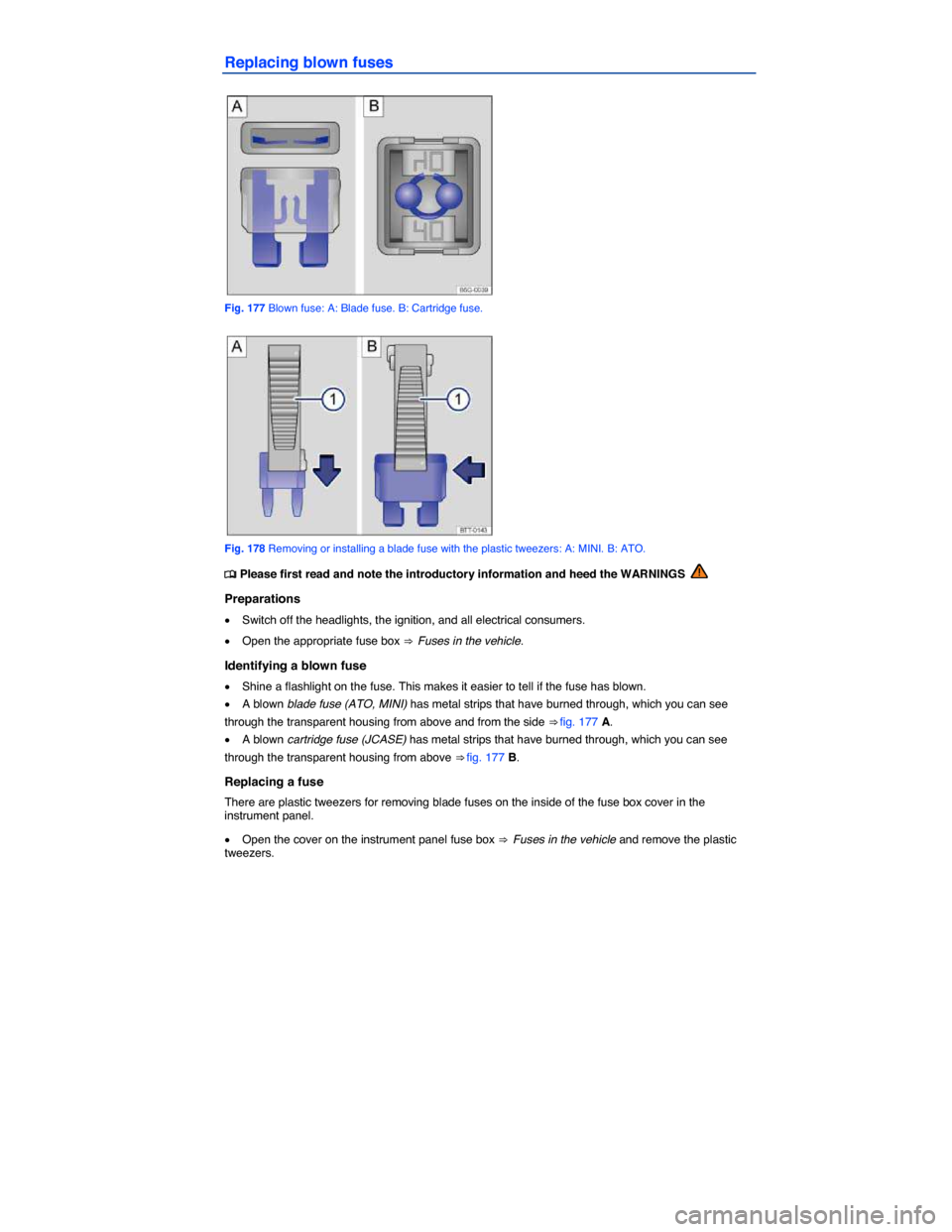 VOLKSWAGEN BEETLE CONVERTIBLE 2015 3.G Owners Manual  
Replacing blown fuses 
 
Fig. 177 Blown fuse: A: Blade fuse. B: Cartridge fuse. 
 
Fig. 178 Removing or installing a blade fuse with the plastic tweezers: A: MINI. B: ATO. 
�