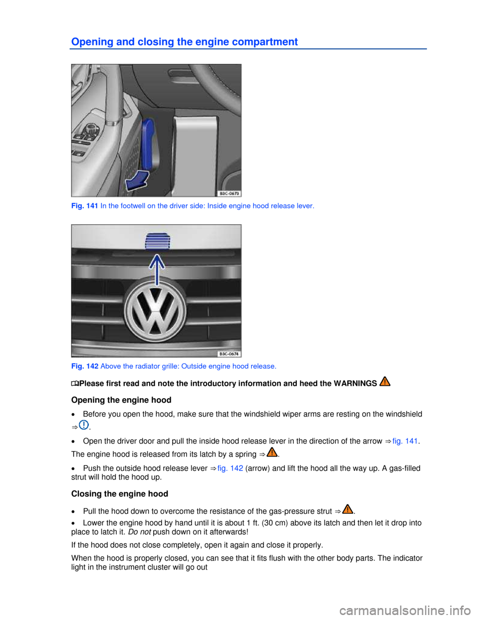 VOLKSWAGEN PASSAT CC 2013 1.G Owners Manual  
Opening and closing the engine compartment 
 
Fig. 141 In the footwell on the driver side: Inside engine hood release lever. 
 
Fig. 142 Above the radiator grille: Outside engine hood release. 
�