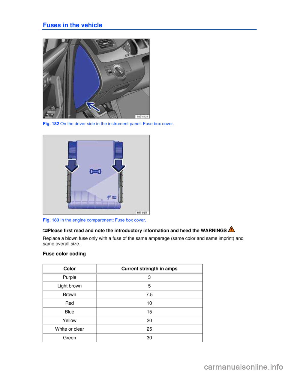 VOLKSWAGEN PASSAT CC 2013 1.G Owners Manual  
Fuses in the vehicle 
 
Fig. 182 On the driver side in the instrument panel: Fuse box cover. 
 
Fig. 183 In the engine compartment: Fuse box cover. 
�