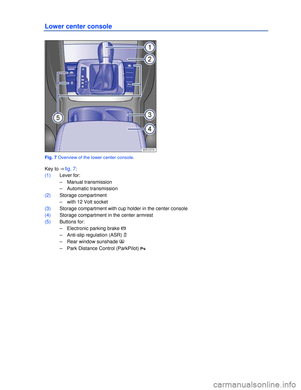 VOLKSWAGEN PASSAT CC 2013 1.G Owners Manual  
Lower center console 
 
Fig. 7 Overview of the lower center console. 
Key to ⇒ fig. 7: 
(1) Lever for: 
–  Manual transmission  
–  Automatic transmission  
(2) Storage compartment  
–  wi