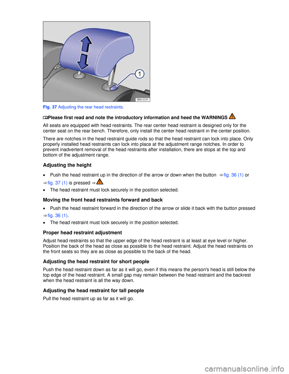 VOLKSWAGEN PASSAT CC 2013 1.G Manual PDF  
 
Fig. 37 Adjusting the rear head restraints. 
�