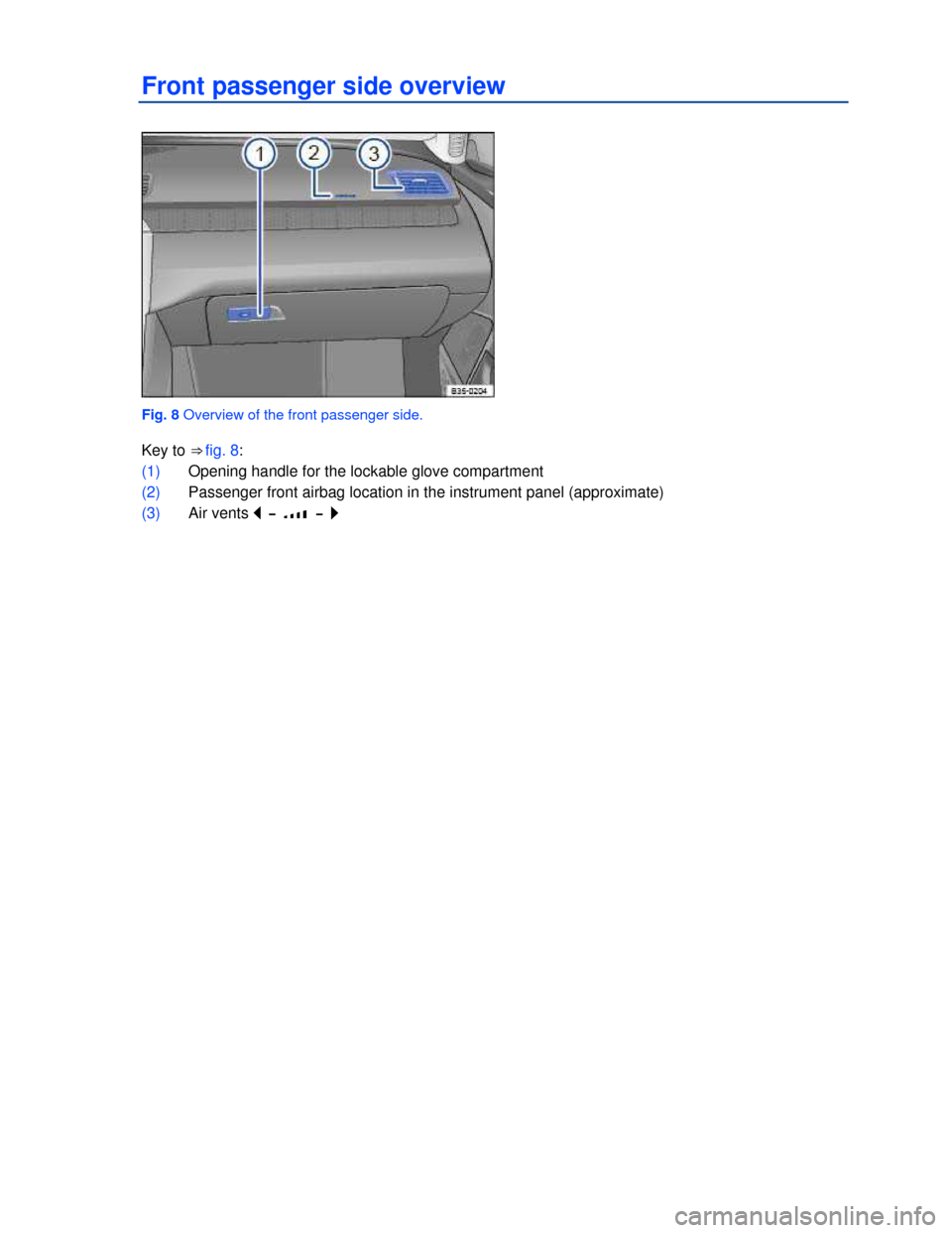 VOLKSWAGEN PASSAT CC 2013 1.G Owners Manual  
Front passenger side overview 
 
Fig. 8 Overview of the front passenger side. 
Key to ⇒ fig. 8: 
(1) Opening handle for the lockable glove compartment  
(2) Passenger front airbag location in th