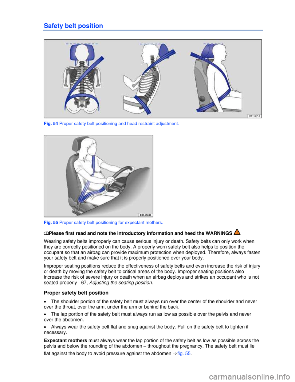 VOLKSWAGEN PASSAT CC 2013 1.G Owners Manual  
Safety belt position 
 
Fig. 54 Proper safety belt positioning and head restraint adjustment. 
 
Fig. 55 Proper safety belt positioning for expectant mothers. 
�