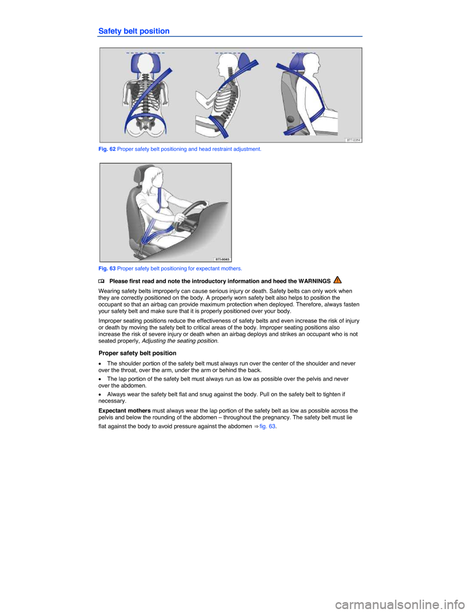 VOLKSWAGEN PASSAT CC 2014 1.G Owners Manual  
Safety belt position 
 
Fig. 62 Proper safety belt positioning and head restraint adjustment. 
 
Fig. 63 Proper safety belt positioning for expectant mothers. 
�