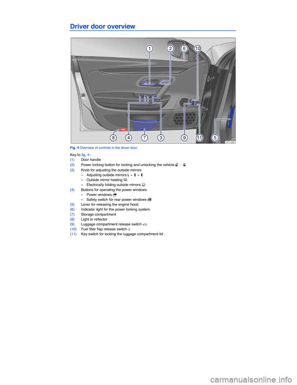 VOLKSWAGEN PASSAT CC 2014 1.G Owners Manual  
Driver door overview 
 
Fig. 4 Overview of controls in the driver door. 
Key to fig. 4: 
(1) Door handle  
(2) Power locking button for locking and unlocking the vehicle �0 – �1  
(3) Knob for adj