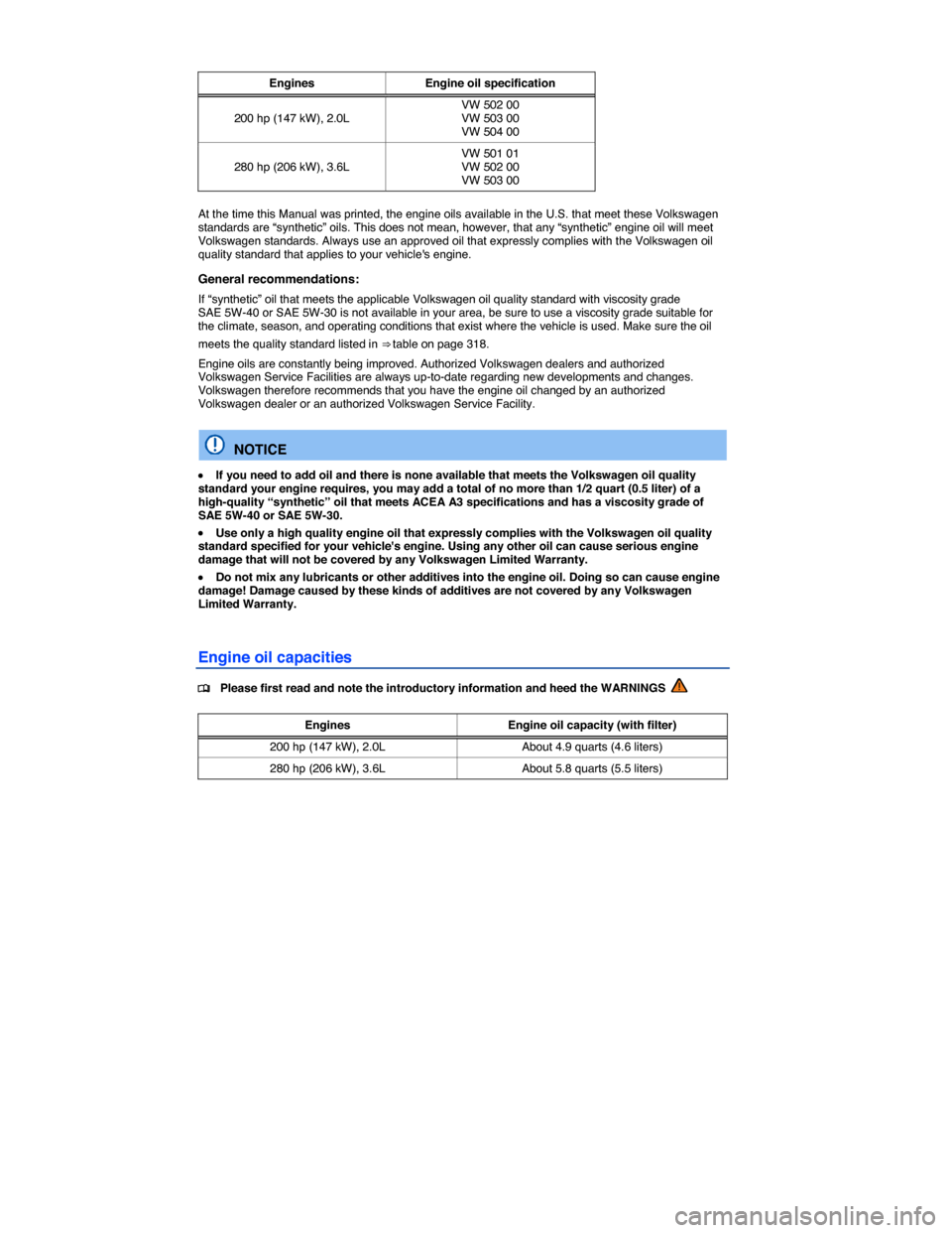 VOLKSWAGEN PASSAT CC 2014 1.G Owners Manual  
 
Engines  Engine oil specification
200 hp (147 kW), 2.0L VW 502 00 VW 503 00 VW 504 00 
280 hp (206 kW), 3.6L VW 501 01 VW 502 00 VW 503 00  
At the time this Manual was printed, the engine oils av