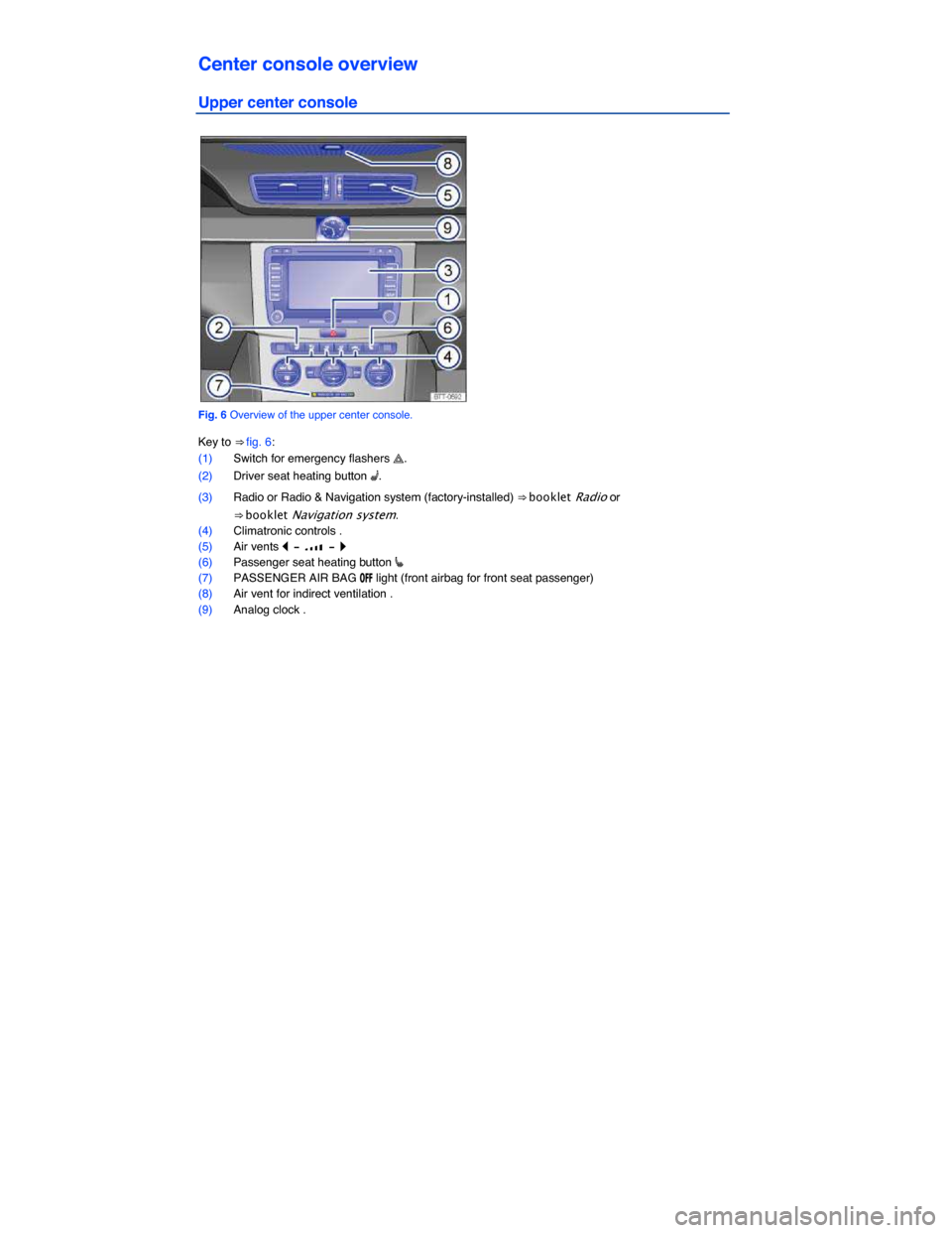 VOLKSWAGEN PASSAT CC 2014 1.G Owners Manual  
Center console overview 
Upper center console 
 
Fig. 6 Overview of the upper center console. 
Key to ⇒ fig. 6: 
(1) Switch for emergency flashers �. 
(2) Driver seat heating button �A. 
(3) Ra