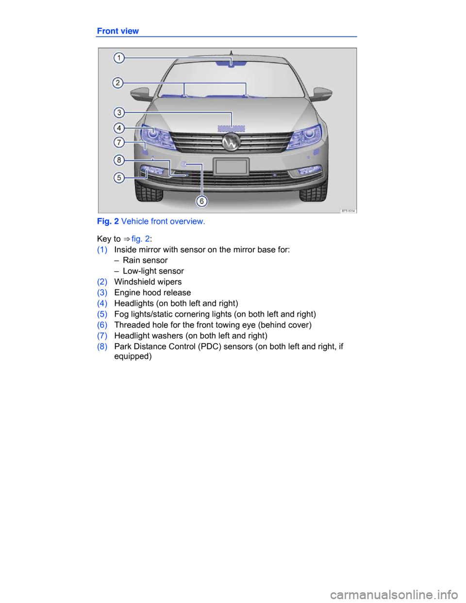 VOLKSWAGEN PASSAT CC 2015 1.G Owners Manual  
Front view 
 
Fig. 2 Vehicle front overview. 
Key to ⇒ fig. 2: 
(1) Inside mirror with sensor on the mirror base for: 
–  Rain sensor  
–  Low-light sensor  
(2) Windshield wipers  
(3) Engi