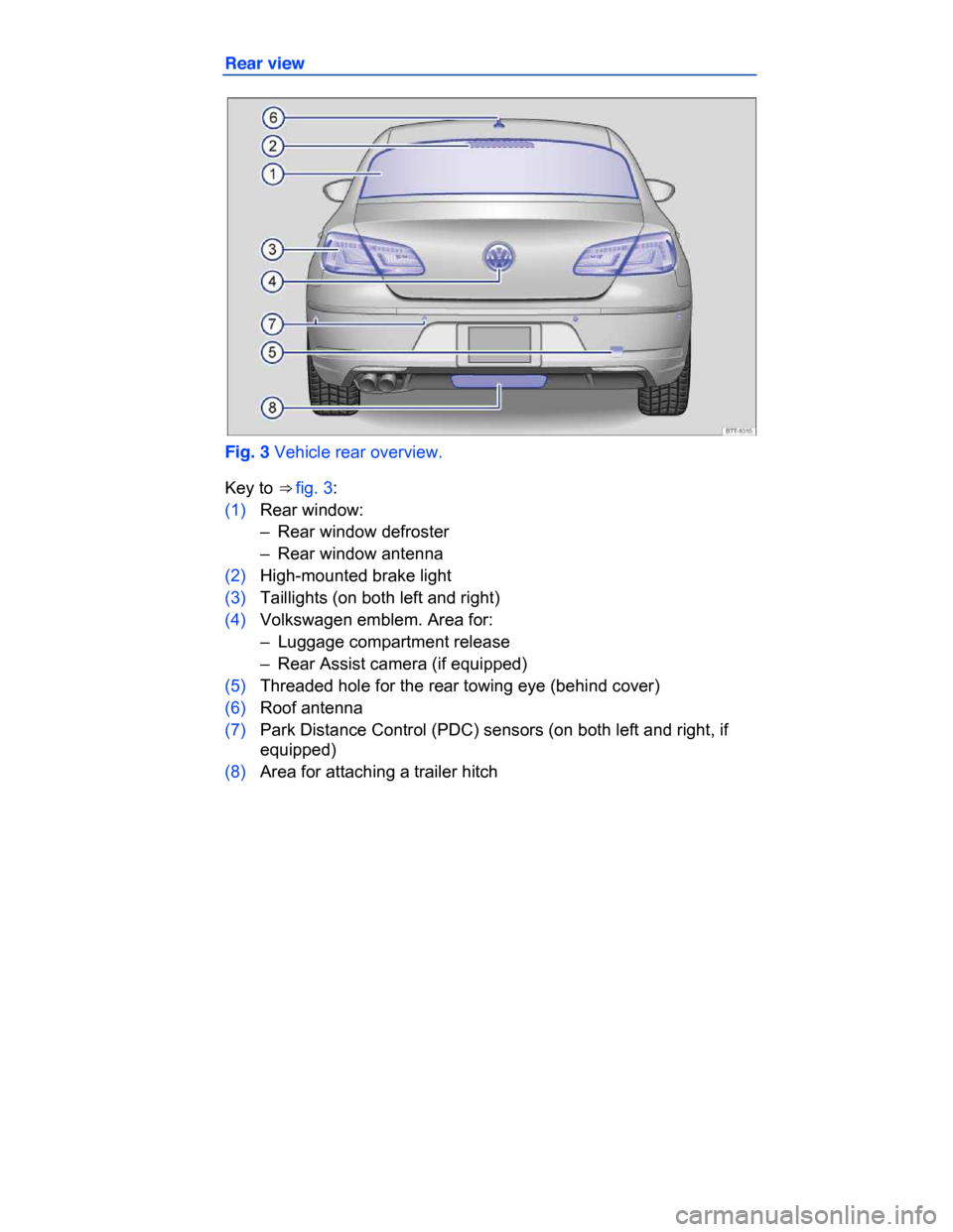 VOLKSWAGEN PASSAT CC 2015 1.G Owners Manual  
Rear view 
 
Fig. 3 Vehicle rear overview. 
Key to ⇒ fig. 3: 
(1) Rear window: 
–  Rear window defroster  
–  Rear window antenna  
(2) High-mounted brake light 
(3) Taillights (on both left