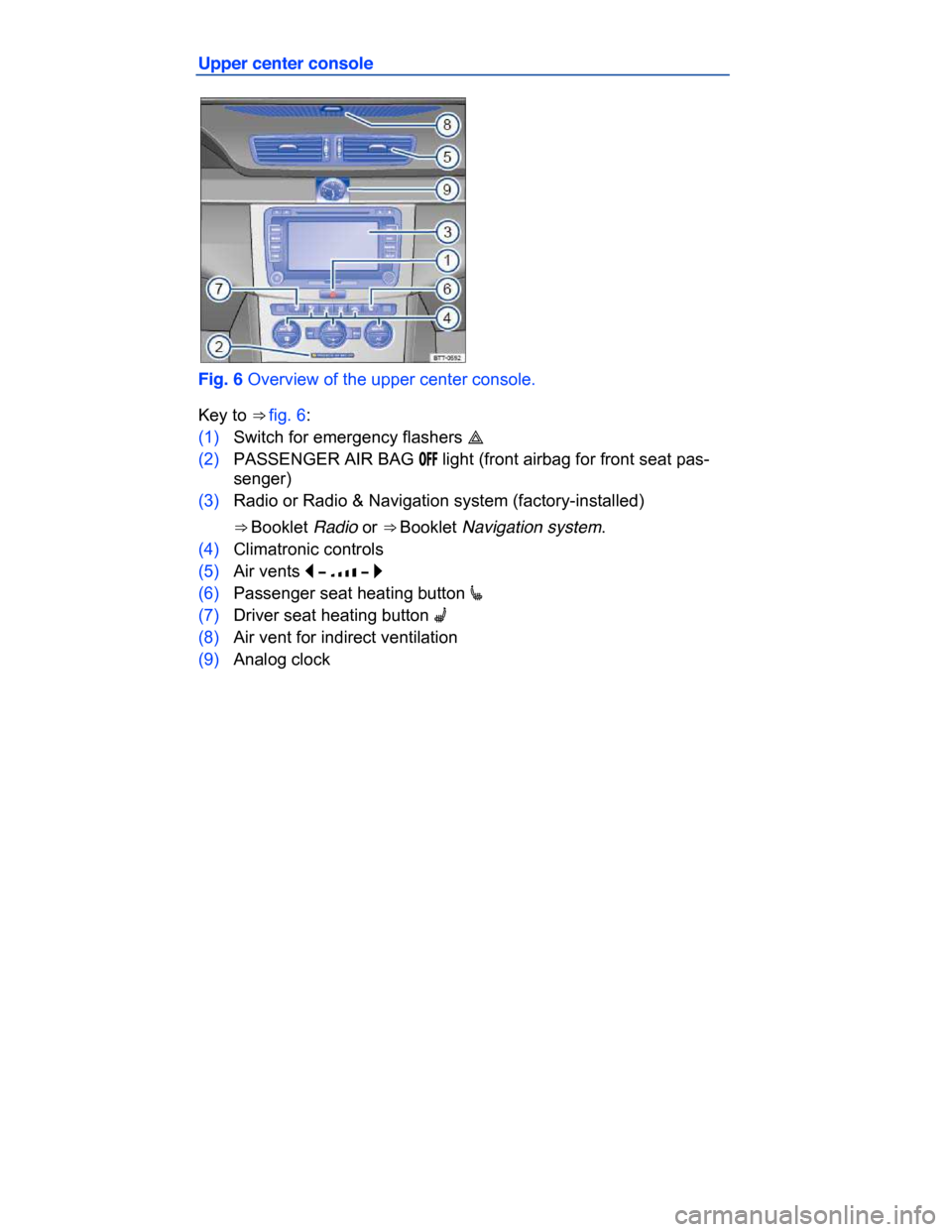 VOLKSWAGEN PASSAT CC 2015 1.G Owners Manual  
Upper center console 
 
Fig. 6 Overview of the upper center console. 
Key to ⇒ fig. 6: 
(1) Switch for emergency flashers �  
(2) PASSENGER AIR BAG �/�&�& light (front airbag for front seat pas