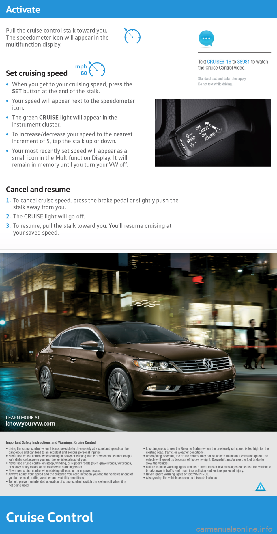 VOLKSWAGEN PASSAT CC 2016 1.G Quick Start Guide 