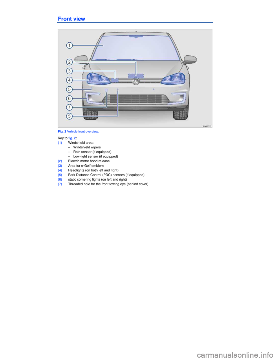 VOLKSWAGEN E GOLF 2015 5G / 7.G Owners Manual  
Front view 
 
Fig. 2 Vehicle front overview. 
Key to fig. 2: 
(1) Windshield area: 
–  Windshield wipers  
–  Rain sensor (if equipped)  
–  Low-light sensor (if equipped)  
(2) Electric motor