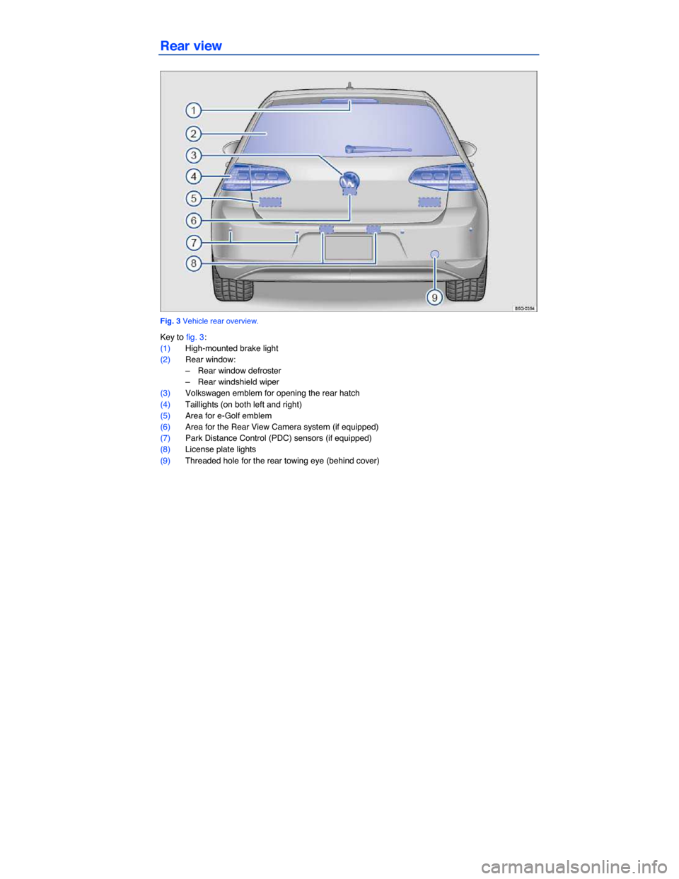 VOLKSWAGEN E GOLF 2015 5G / 7.G Owners Manual  
Rear view 
 
Fig. 3 Vehicle rear overview. 
Key to fig. 3: 
(1) High-mounted brake light  
(2) Rear window: 
–  Rear window defroster  
–  Rear windshield wiper  
(3) Volkswagen emblem for openi