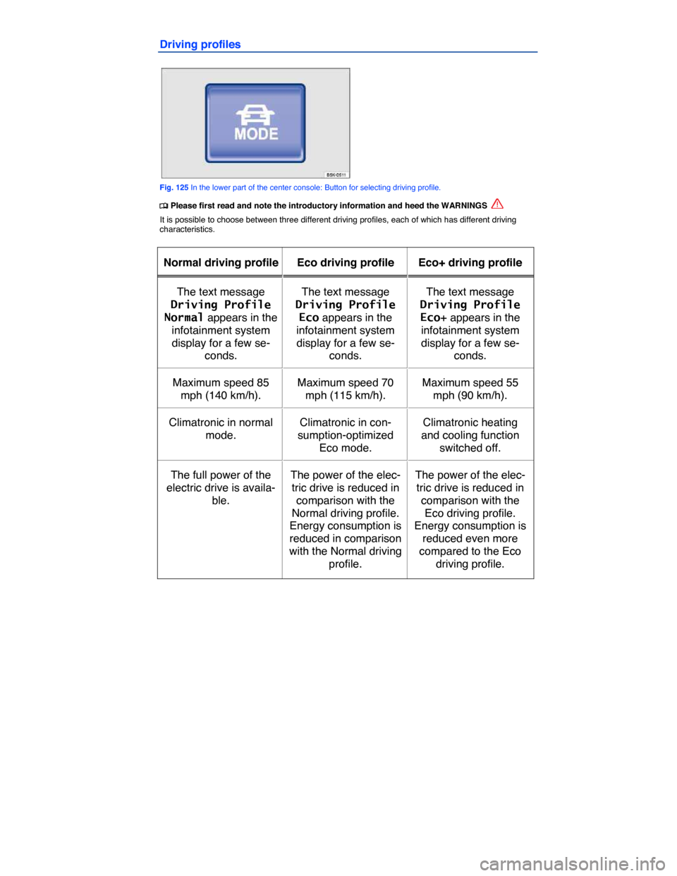 VOLKSWAGEN E GOLF 2015 5G / 7.G Owners Manual  
Driving profiles 
 
Fig. 125 In the lower part of the center console: Button for selecting driving profile. 
�