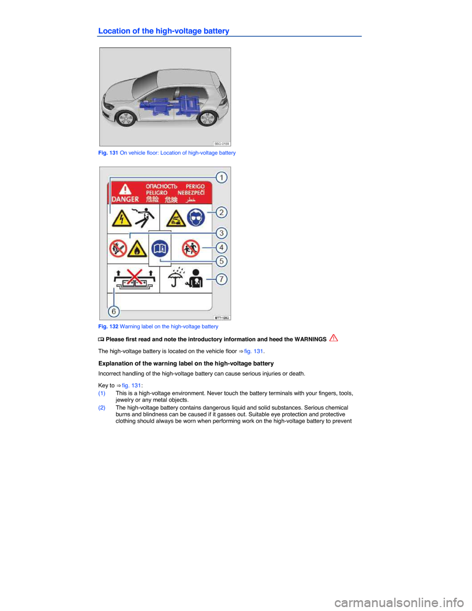 VOLKSWAGEN E GOLF 2015 5G / 7.G Owners Manual  
Location of the high-voltage battery 
 
Fig. 131 On vehicle floor: Location of high-voltage battery 
 
Fig. 132 Warning label on the high-voltage battery 
�