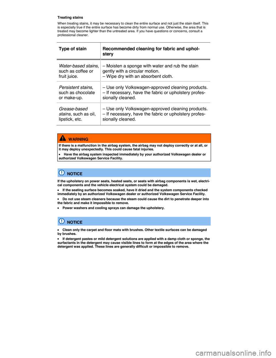 VOLKSWAGEN E GOLF 2015 5G / 7.G Repair Manual  
Treating stains 
When treating stains, it may be necessary to clean the entire surface and not just the stain itself. This is especially true if the entire surface has become dirty from normal use. 
