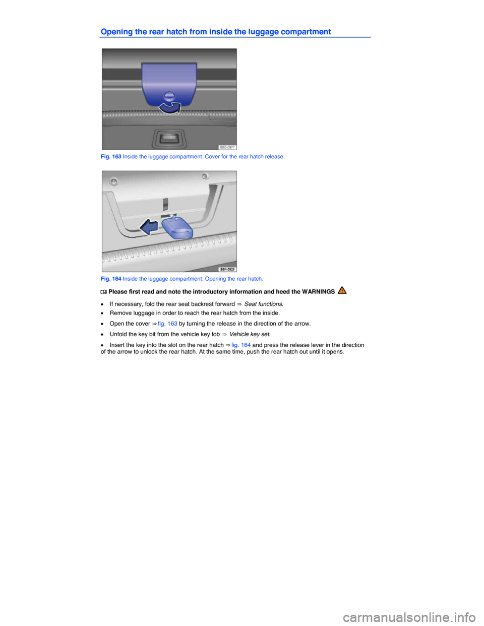 VOLKSWAGEN E GOLF 2015 5G / 7.G Owners Manual  
Opening the rear hatch from inside the luggage compartment 
 
Fig. 163 Inside the luggage compartment: Cover for the rear hatch release. 
 
Fig. 164 Inside the luggage compartment: Opening the rear 