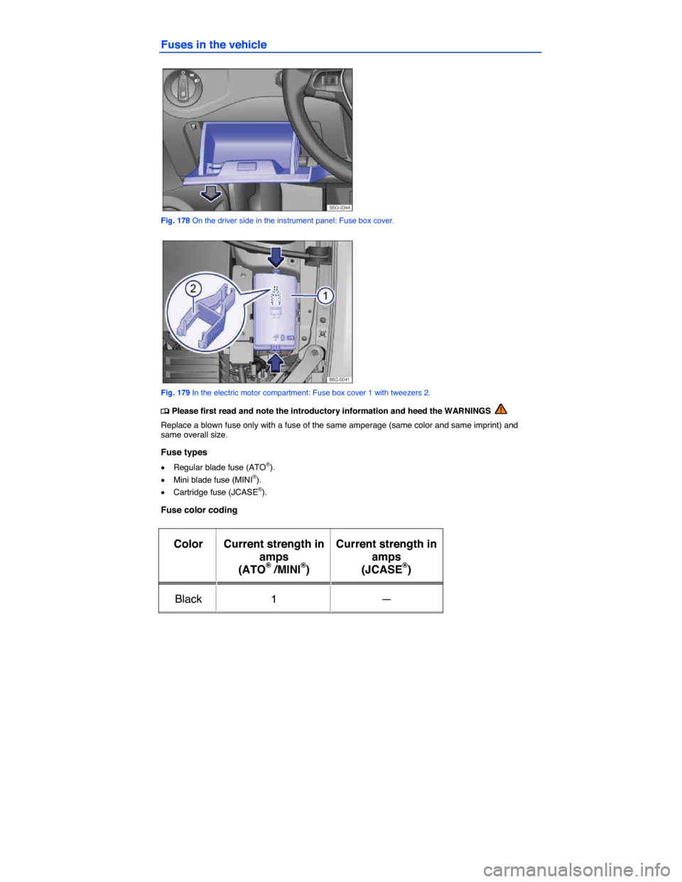 VOLKSWAGEN E GOLF 2015 5G / 7.G Owners Manual  
Fuses in the vehicle 
 
Fig. 178 On the driver side in the instrument panel: Fuse box cover. 
 
Fig. 179 In the electric motor compartment: Fuse box cover 1 with tweezers 2. 
�