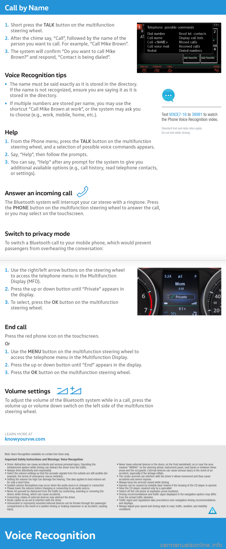 VOLKSWAGEN E GOLF 2016 5G / 7.G Quick Start Guide 