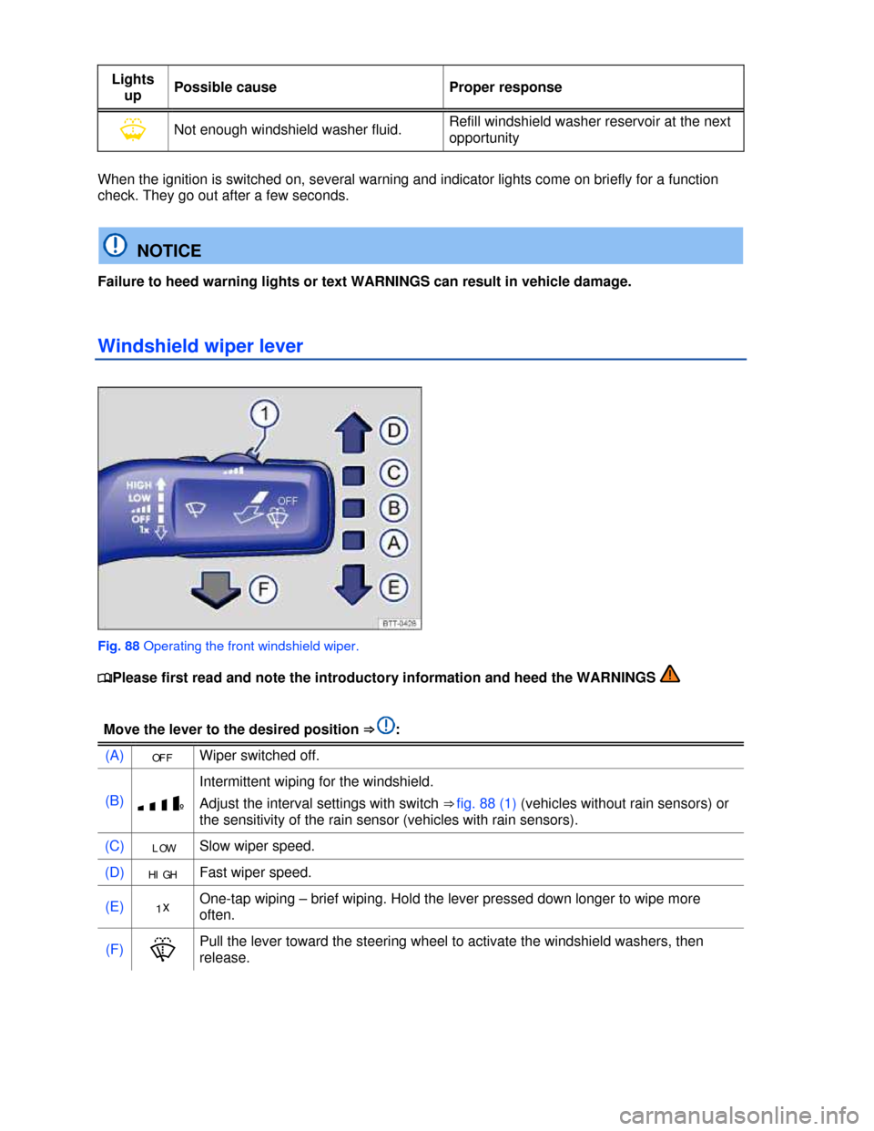 VOLKSWAGEN EOS 2013 1.G Owners Manual  
 
Lights 
up Possible cause  Proper response 
�Y Not enough windshield washer fluid. Refill windshield washer reservoir at the next 
opportunity   
 
When the ignition is switched on, several warnin