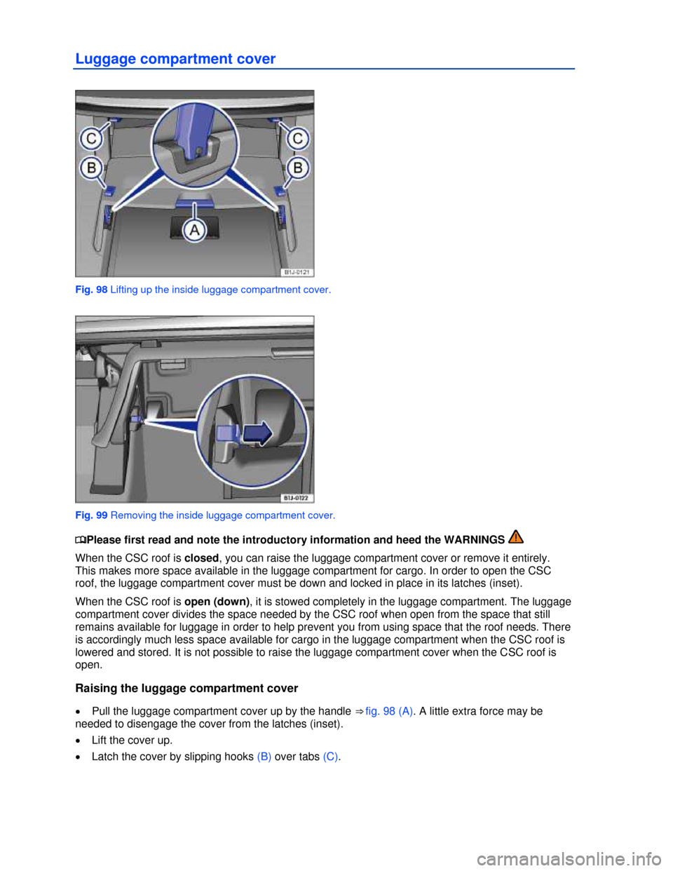 VOLKSWAGEN EOS 2013 1.G Owners Manual  
 
Luggage compartment cover 
 
Fig. 98 Lifting up the inside luggage compartment cover. 
 
Fig. 99 Removing the inside luggage compartment cover. 
�