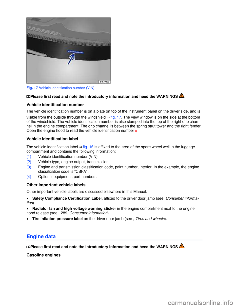 VOLKSWAGEN EOS 2013 1.G Owners Manual  
 
 
Fig. 17 Vehicle identification number (VIN). 
�