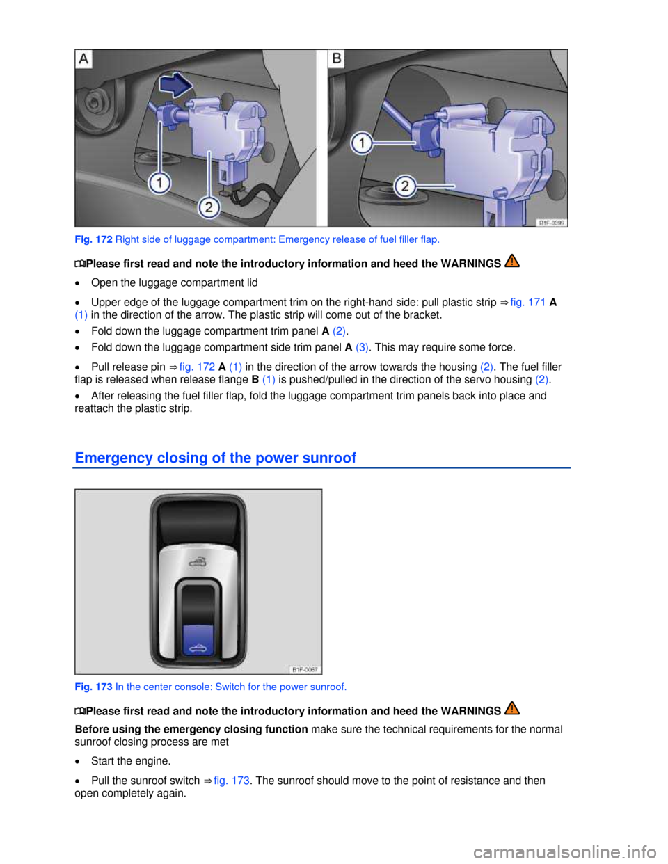 VOLKSWAGEN EOS 2013 1.G Owners Manual  
 
 
Fig. 172 Right side of luggage compartment: Emergency release of fuel filler flap. 
�