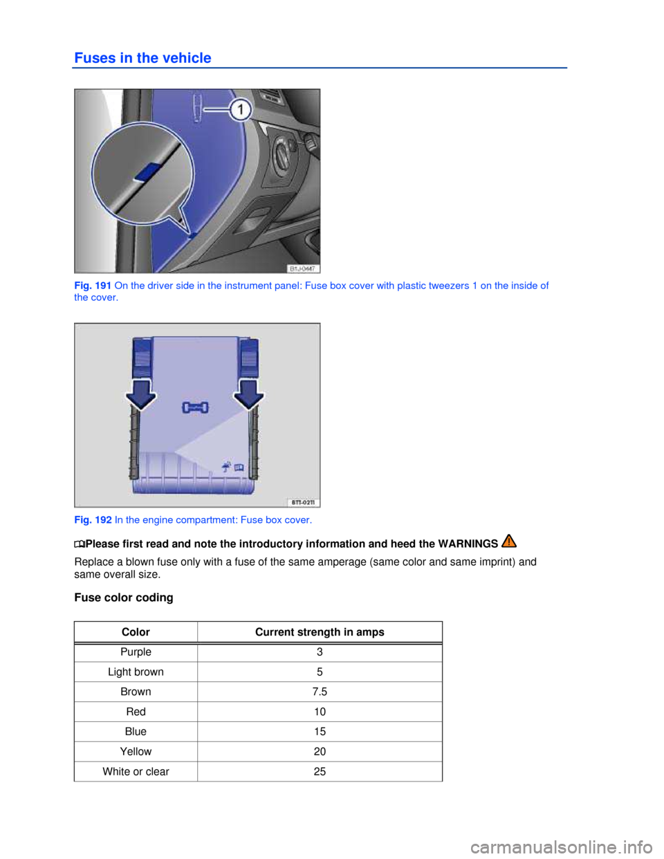 VOLKSWAGEN EOS 2013 1.G Owners Manual  
 
Fuses in the vehicle 
 
Fig. 191 On the driver side in the instrument panel: Fuse box cover with plastic tweezers 1 on the inside of 
the cover. 
 
Fig. 192 In the engine compartment: Fuse box cov