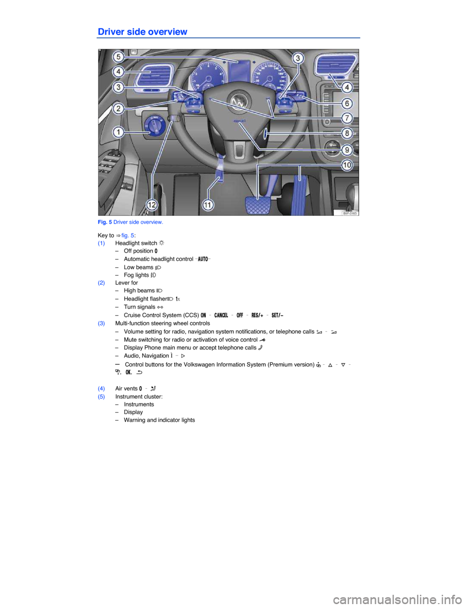 VOLKSWAGEN EOS 2013 1.G Owners Manual  
Driver side overview 
 
Fig. 5 Driver side overview. 
Key to ⇒ fig. 5: 
(1) Headlight switch �