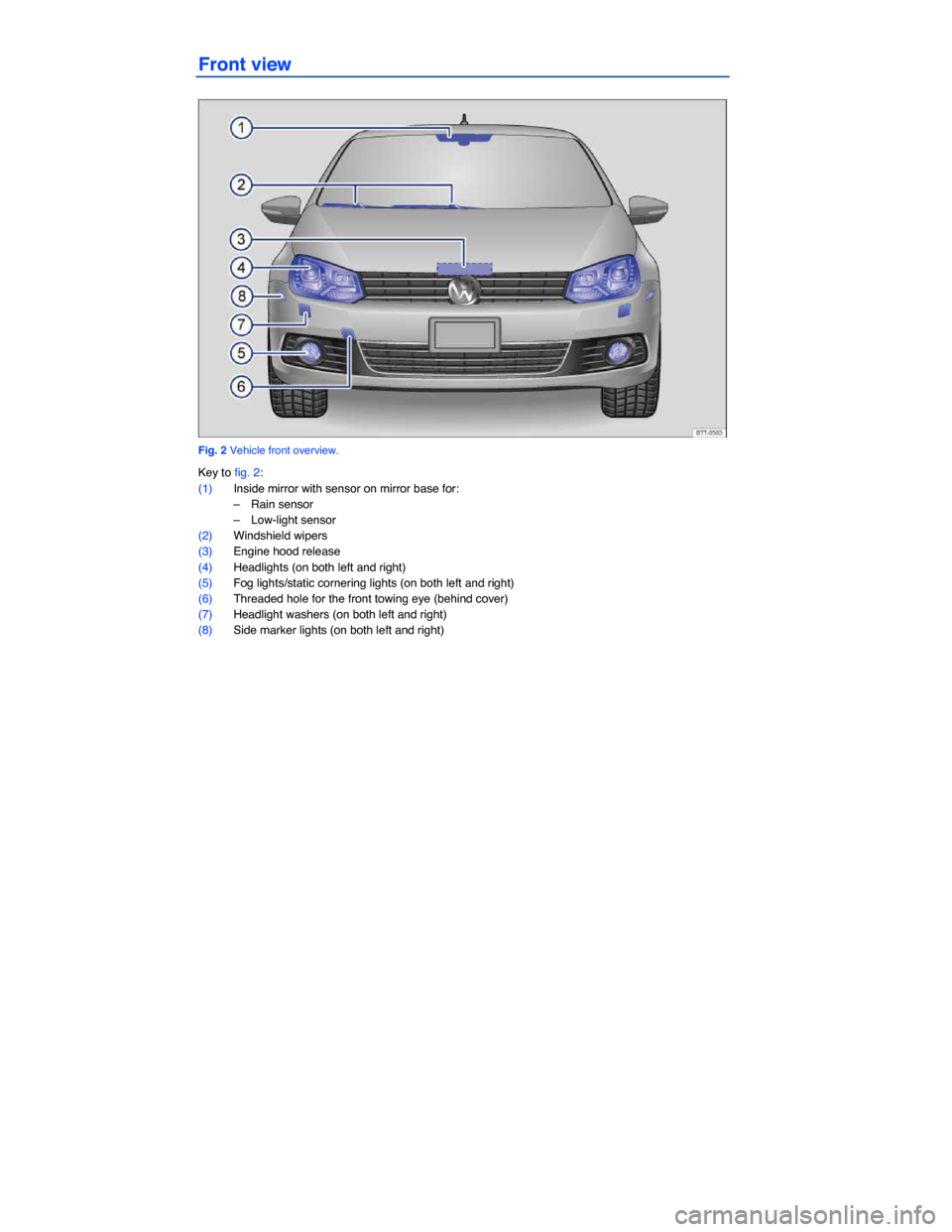 VOLKSWAGEN EOS 2014 1.G Owners Manual  
 
Front view 
 
Fig. 2 Vehicle front overview. 
Key to fig. 2: 
(1) Inside mirror with sensor on mirror base for: 
–  Rain sensor  
–  Low-light sensor  
(2) Windshield wipers  
(3) Engine hood 