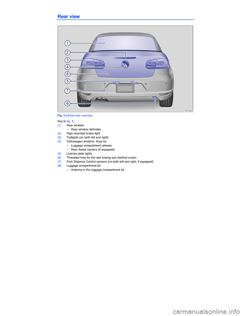 VOLKSWAGEN EOS 2014 1.G Owners Manual  
 
Rear view 
 
Fig. 3 Vehicle rear overview. 
Key to fig. 3: 
(1) Rear window 
–  Rear window defroster  
(2) High-mounted brake light 
(3) Taillights (on both left and right)  
(4) Volkswagen emb