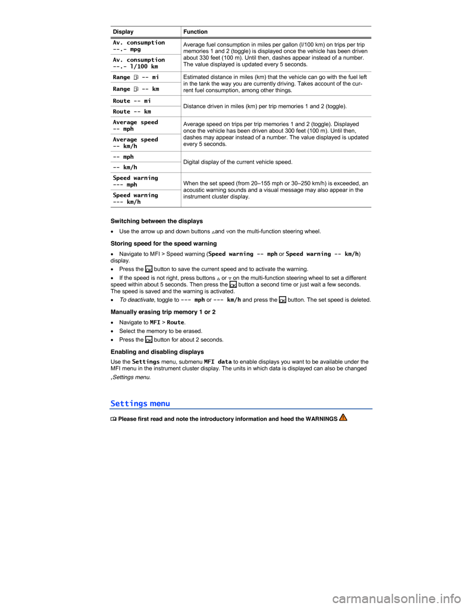 VOLKSWAGEN EOS 2014 1.G Owners Manual  
Display Function
Av. consumption --.- mpg Average fuel consumption in miles per gallon (l/100 km) on trips per trip memories 1 and 2 (toggle) is displayed once the vehicle has been driven about 330 