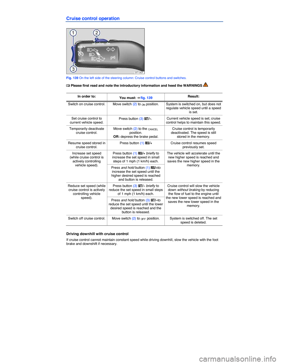VOLKSWAGEN EOS 2014 1.G Owners Manual  
Cruise control operation 
 
Fig. 139 On the left side of the steering column: Cruise control buttons and switches. 
�