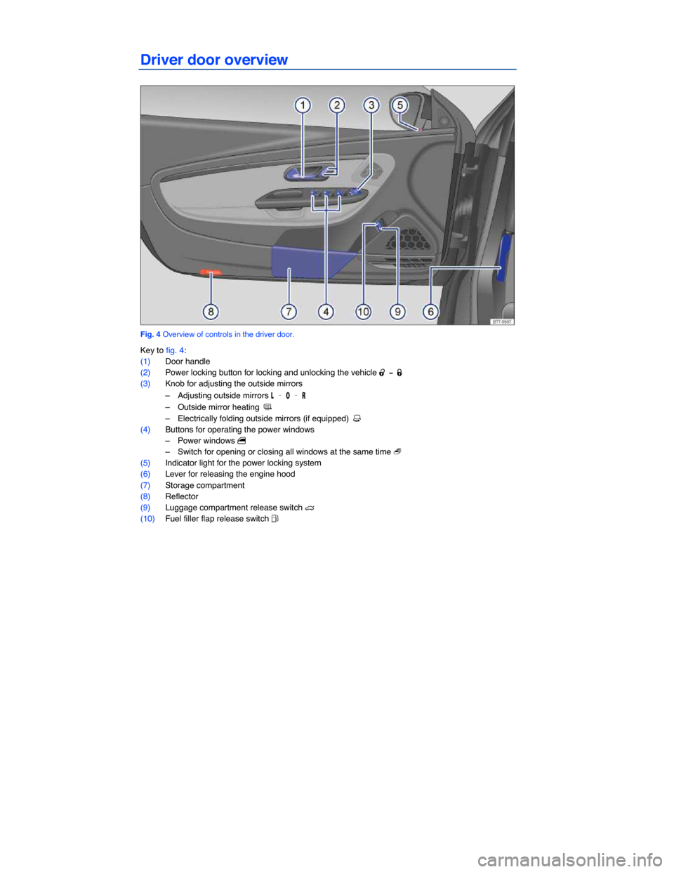 VOLKSWAGEN EOS 2014 1.G Owners Manual  
 
Driver door overview 
 
Fig. 4 Overview of controls in the driver door. 
Key to fig. 4: 
(1) Door handle  
(2) Power locking button for locking and unlocking the vehicle �0 �