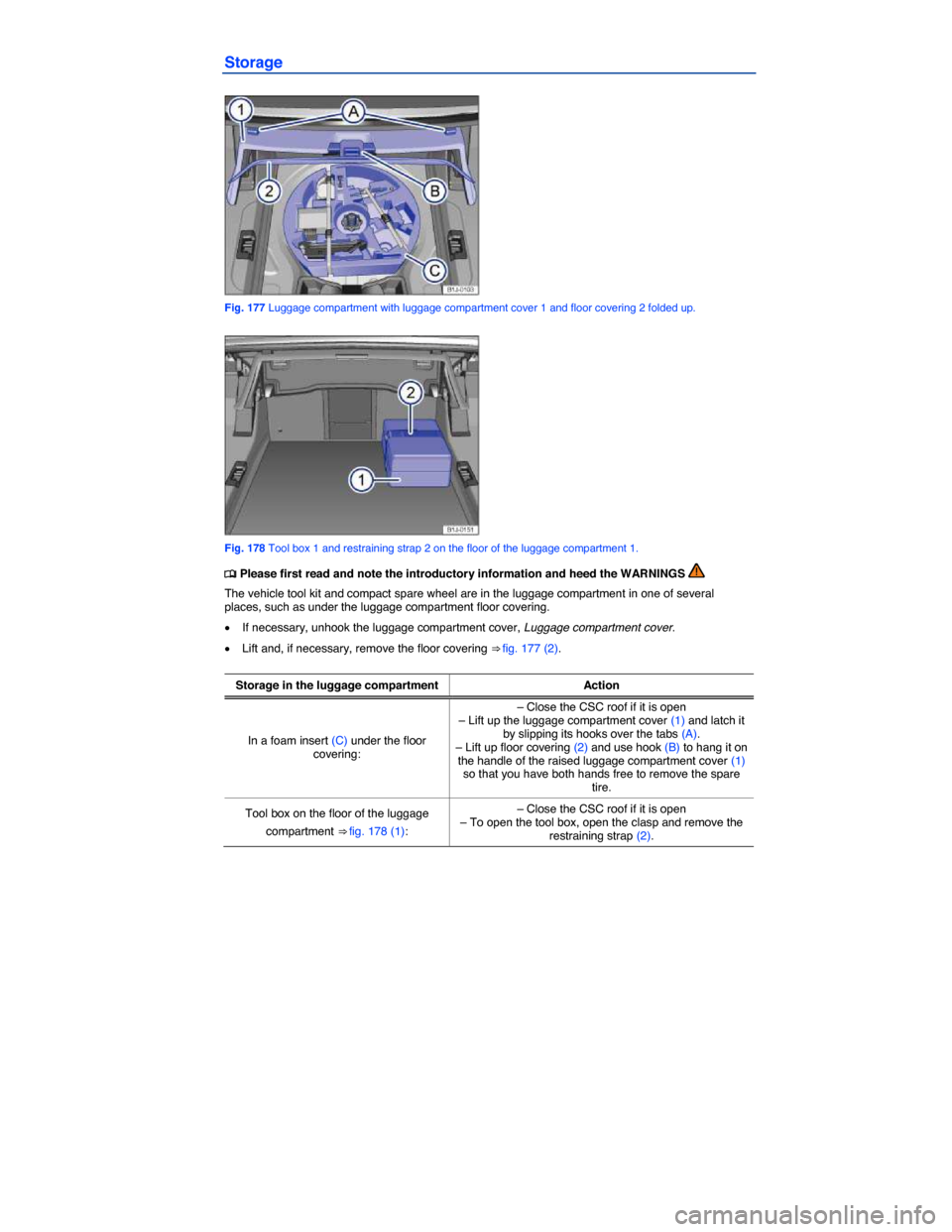 VOLKSWAGEN EOS 2014 1.G Owners Manual  
Storage 
 
Fig. 177 Luggage compartment with luggage compartment cover 1 and floor covering 2 folded up. 
 
Fig. 178 Tool box 1 and restraining strap 2 on the floor of the luggage compartment 1. 
�