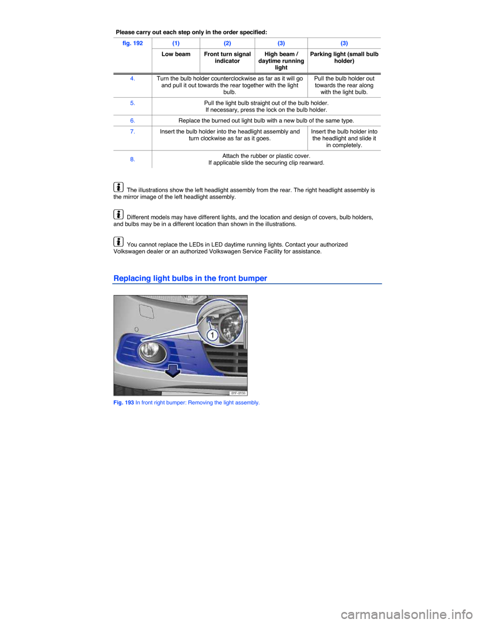 VOLKSWAGEN EOS 2014 1.G Owners Manual  
Please carry out each step only in the order specified:
fig. 192 (1) (2) (3) (3) 
Low beam  Front turn signal indicator High beam/ daytime running light 
Parking light (small bulb holder) 
4. Turn t