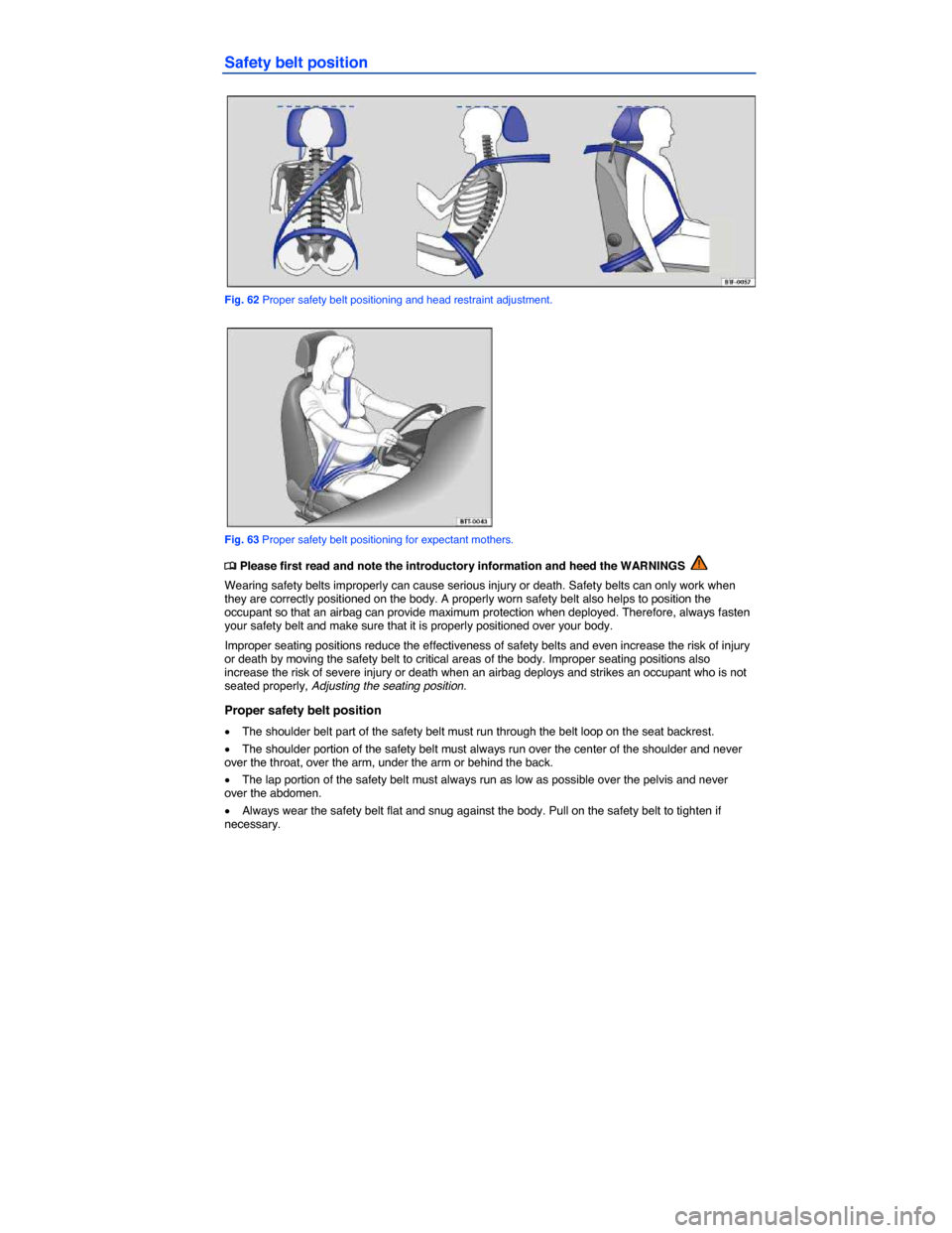 VOLKSWAGEN EOS 2015 1.G Owners Manual  
Safety belt position 
 
Fig. 62 Proper safety belt positioning and head restraint adjustment. 
 
Fig. 63 Proper safety belt positioning for expectant mothers. 
�
