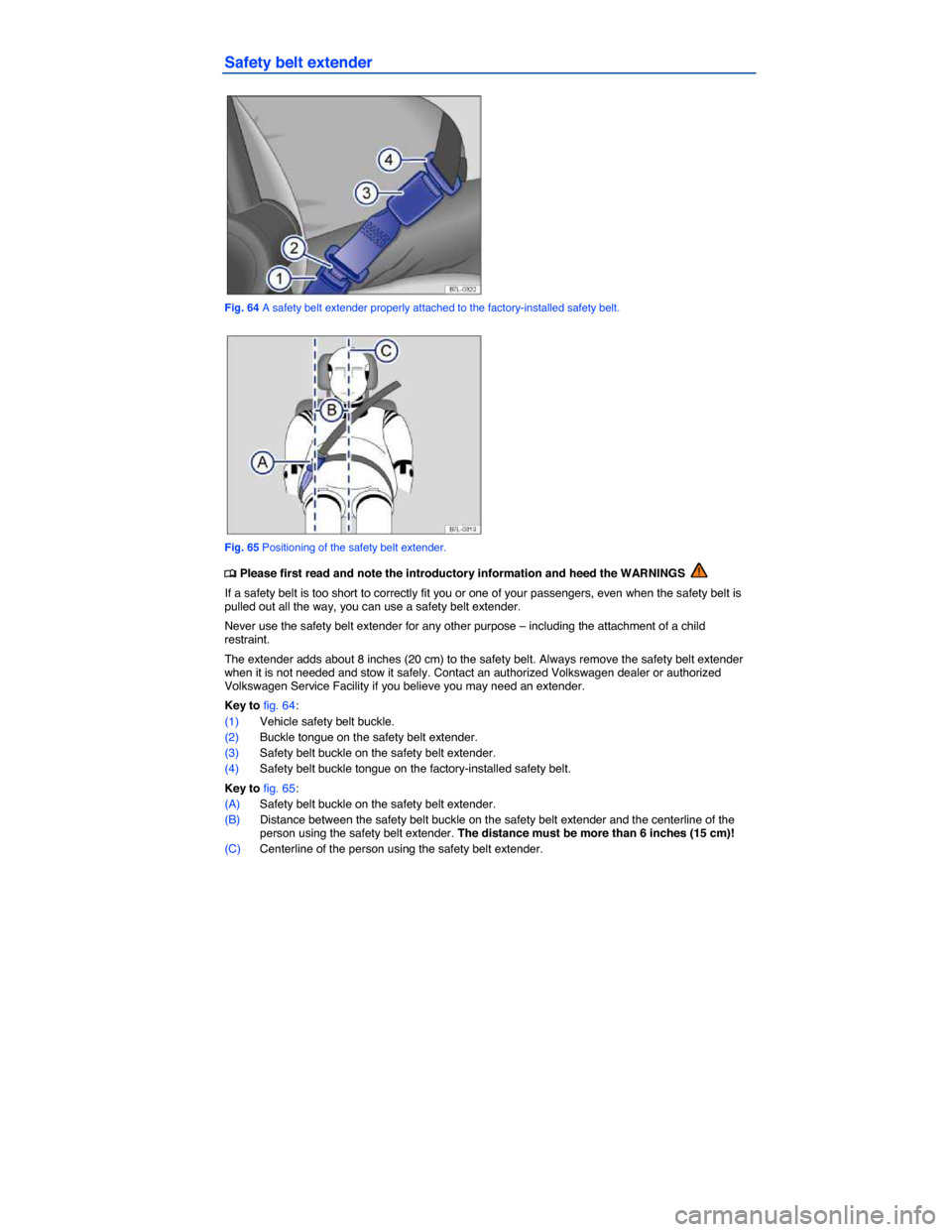 VOLKSWAGEN EOS 2015 1.G Owners Manual  
Safety belt extender 
 
Fig. 64 A safety belt extender properly attached to the factory-installed safety belt. 
 
Fig. 65 Positioning of the safety belt extender. 
�