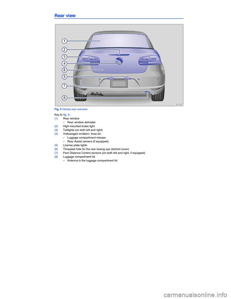 VOLKSWAGEN EOS 2015 1.G Owners Manual
Rear view
Fig. 3 Vehicle rear overview.
Key to fig. 3:
(1) Rear window
– Rear window defroster
(2) High-mounted brake light
(3) Taillights (on both left and right)
(4) Volkswagen emble VOLKSWAGEN EOS 2015 1.G Owners Manual
Rear view
Fig. 3 Vehicle rear overview.
Key to fig. 3:
(1) Rear window
– Rear window defroster
(2) High-mounted brake light
(3) Taillights (on both left and right)
(4) Volkswagen emble
