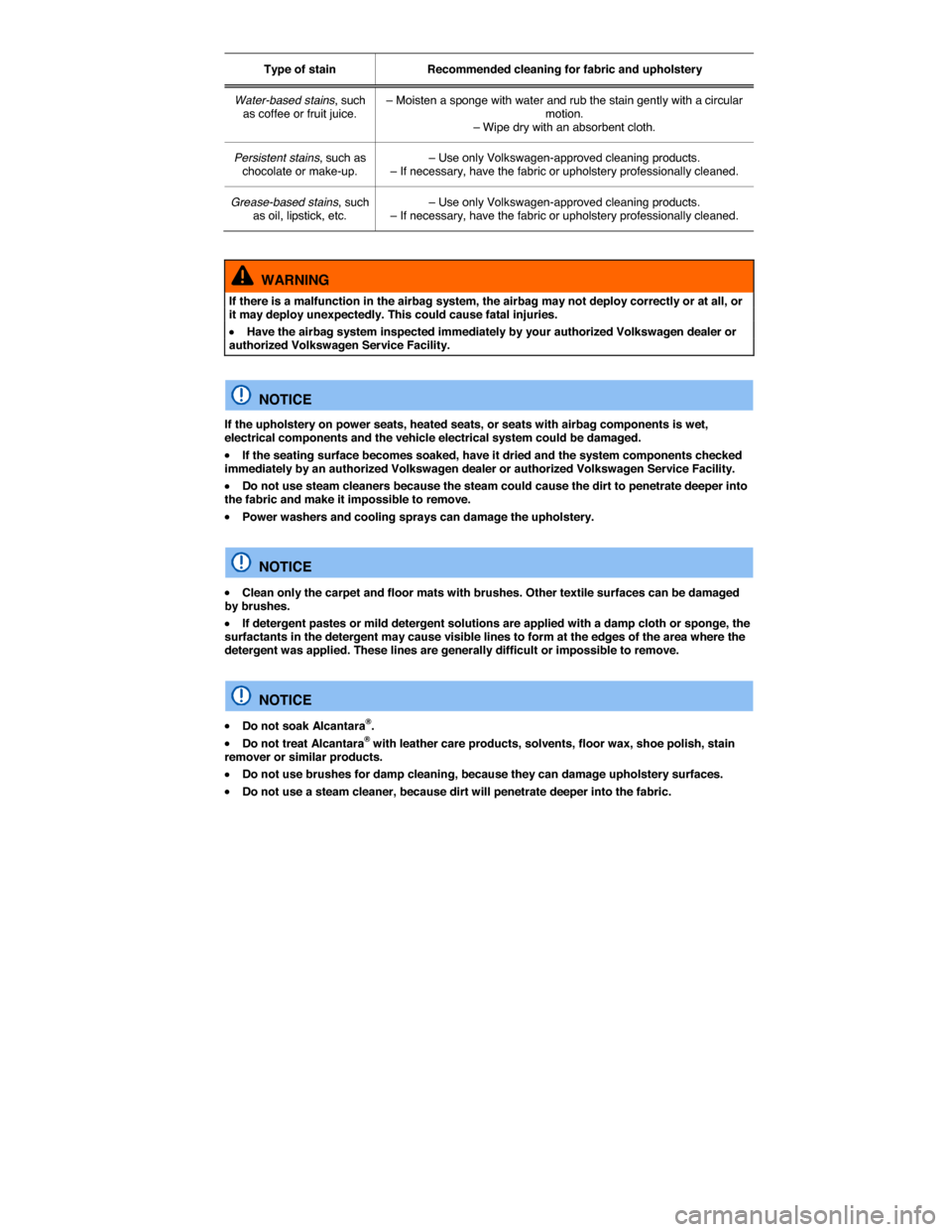 VOLKSWAGEN EOS 2015 1.G Owners Manual  
Type of stain   Recommended cleaning for fabric and upholstery  
Water-based stains, such as coffee or fruit juice.  – Moisten a sponge with water and rub the stain gently with a circular motion. 
