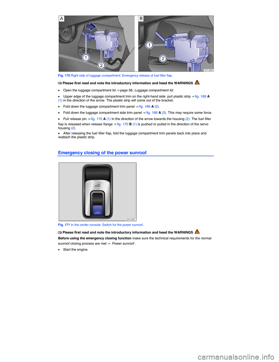 VOLKSWAGEN EOS 2015 1.G Owners Manual  
 
Fig. 170 Right side of luggage compartment: Emergency release of fuel filler flap. 
�