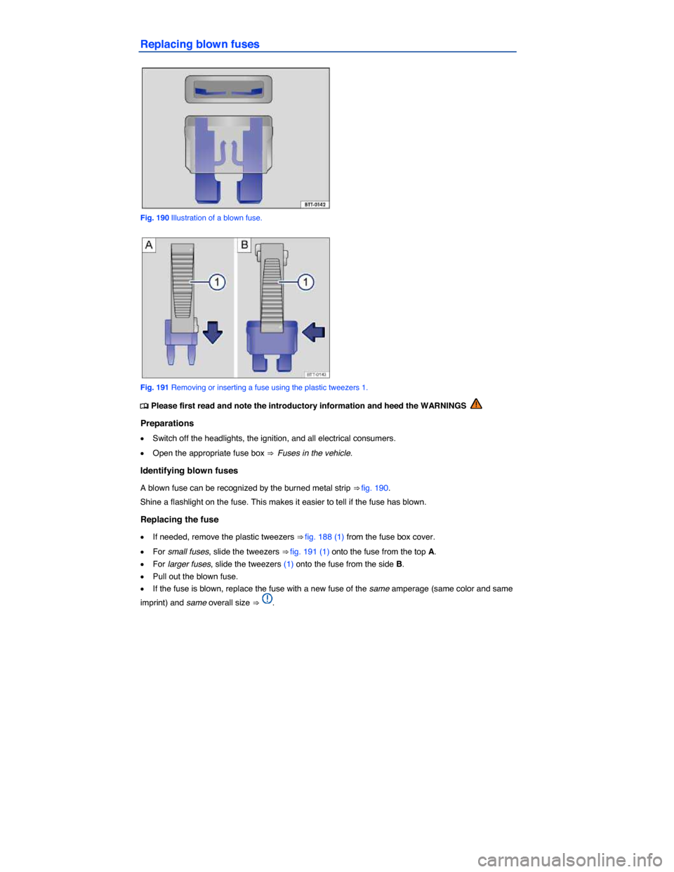 VOLKSWAGEN EOS 2015 1.G Owners Manual  
Replacing blown fuses 
 
Fig. 190 Illustration of a blown fuse. 
 
Fig. 191 Removing or inserting a fuse using the plastic tweezers 1. 
�