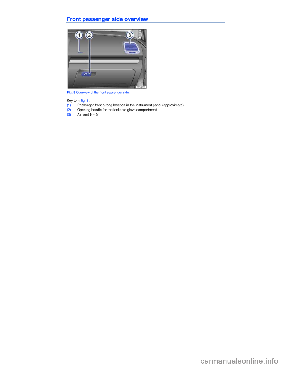 VOLKSWAGEN EOS 2015 1.G Owners Manual  
Front passenger side overview 
 
Fig. 9 Overview of the front passenger side. 
Key to ⇒ fig. 9: 
(1) Passenger front airbag location in the instrument panel (approximate)  
(2) Opening handle fo