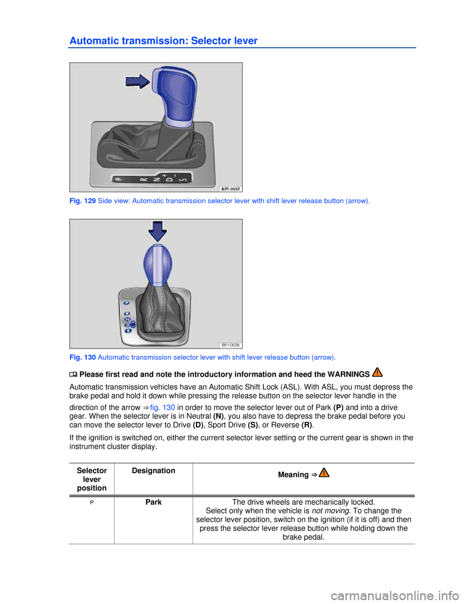 VOLKSWAGEN GOLF 2013 5G / 7.G Owners Manual  
Automatic transmission: Selector lever 
 
Fig. 129 Side view: Automatic transmission selector lever with shift lever release button (arrow). 
 
Fig. 130 Automatic transmission selector lever with sh