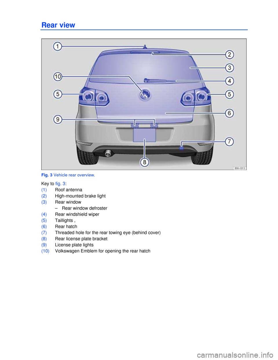 VOLKSWAGEN GOLF 2013 5G / 7.G Owners Manual  
 
Rear view 
 
Fig. 3 Vehicle rear overview. 
Key to fig. 3: 
(1) Roof antenna  
(2) High-mounted brake light 
(3) Rear window 
–  Rear window defroster  
(4) Rear windshield wiper  
(5) Taillight