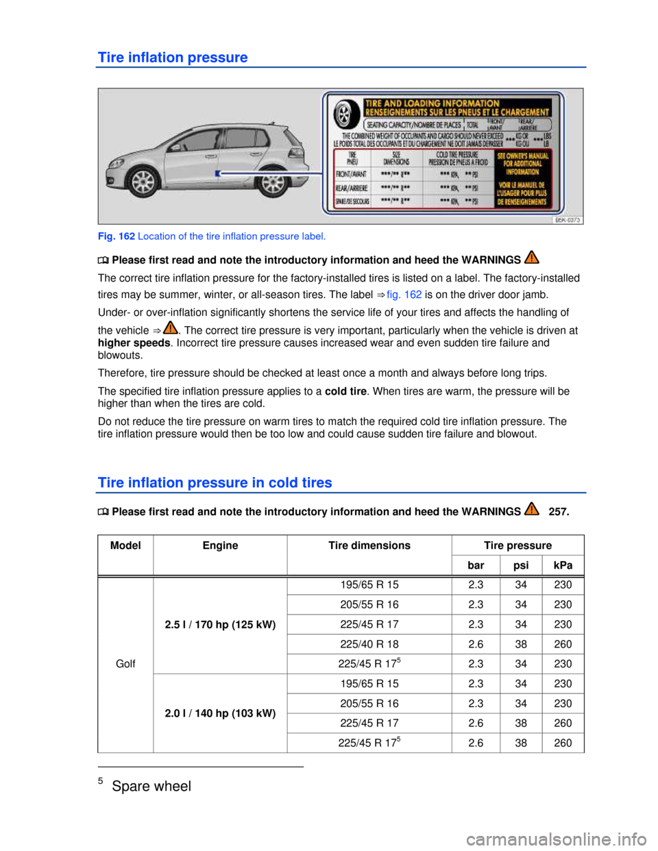 VOLKSWAGEN GOLF 2013 5G / 7.G Owners Manual  
Tire inflation pressure 
 
Fig. 162 Location of the tire inflation pressure label. 
�