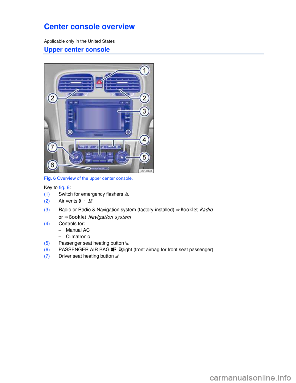 VOLKSWAGEN GOLF 2013 5G / 7.G Owners Manual  
 
Center console overview 
Applicable only in the United States 
Upper center console 
 
Fig. 6 Overview of the upper center console. 
Key to fig. 6: 
(1) Switch for emergency flashers � 
(2) Air v