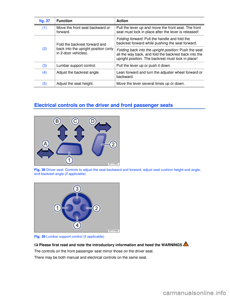 VOLKSWAGEN GOLF 2013 5G / 7.G Repair Manual  
fig. 37 Function  Action 
(1) Move the front seat backward or 
forward. 
Pull the lever up and move the front seat. The front 
seat must lock in place after the lever is released! 
(2) 
Fold the bac